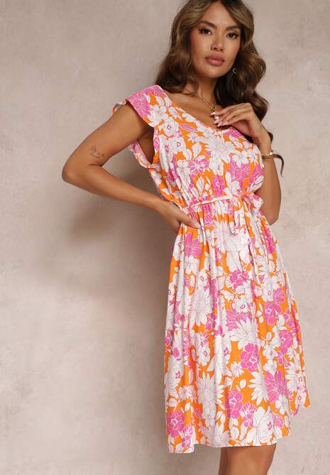 Pomarańczowa Rozkloszowana Sukienka z Wiskozy i Wiązanym Paskiem Anzio