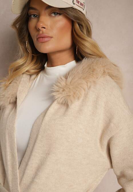 Beżowy Kardigan z Wełną Wiązany w Pasie z Kapturem z Odpinanym Futerkiem Besiyana