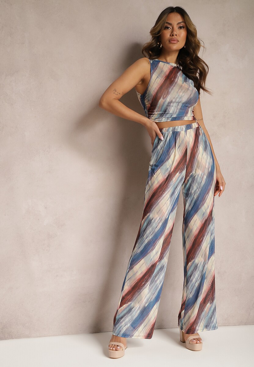 Granatowo-Beżowe Siateczkowe Spodnie Szerokie High Waist Mandiore