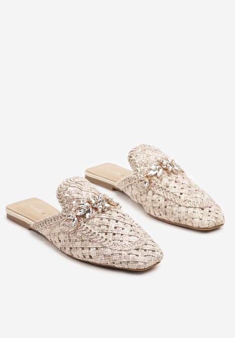 Beżowe Klapki Mule Ozdobione Cyrkoniami i Metaliczną Nicią Tatosenia