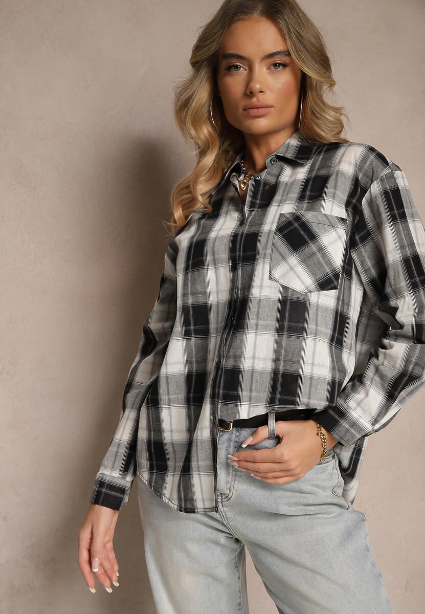 Czarno-Biała Bawełniana Koszula w Kratę z Pojedynczą Kieszonką Annisen