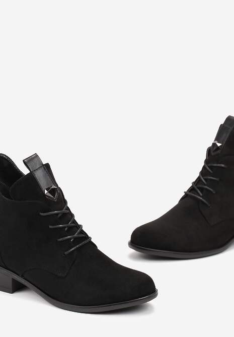 Czarne Botki Sznurowane z Ozdobnym Kamieniem i Wstawką z Ekoskóry Julietta