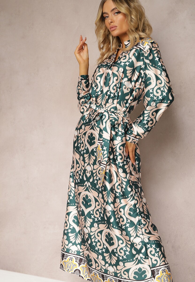 Beżowo-Czarna Satynowa Sukienka w Ornamentalny Wzór o Pudełkowym Fasonie Elirosa