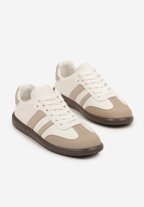Beżowo-Białe Casualowe Sneakersy na Płaskiej Podeszwie z Paskami Jereria
