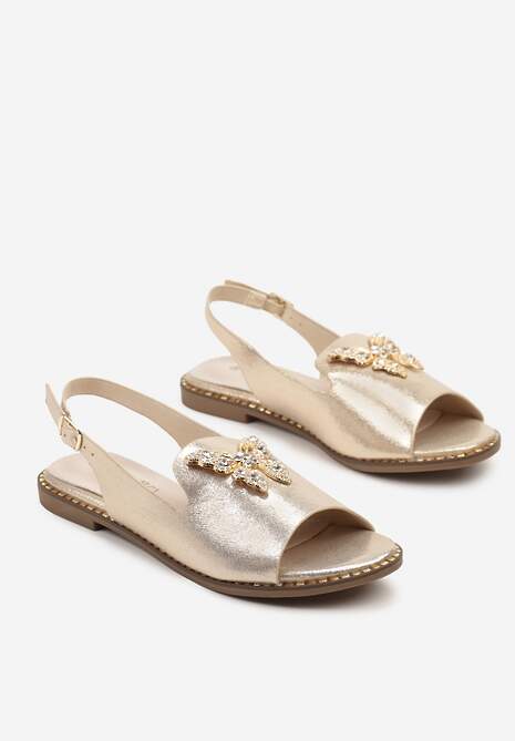 Złote Sandały Slingback ze Skórzaną Wkładką i Cyrkoniową Aplikacją z Motylem Idirane