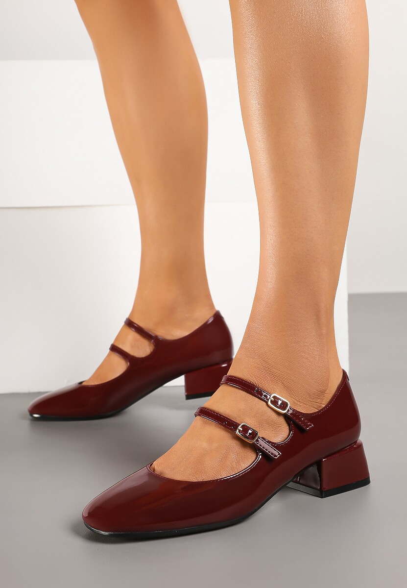 Bordowe Czółenka Lakierowane na Słupku z Paskami na Sprzączki Omeisa