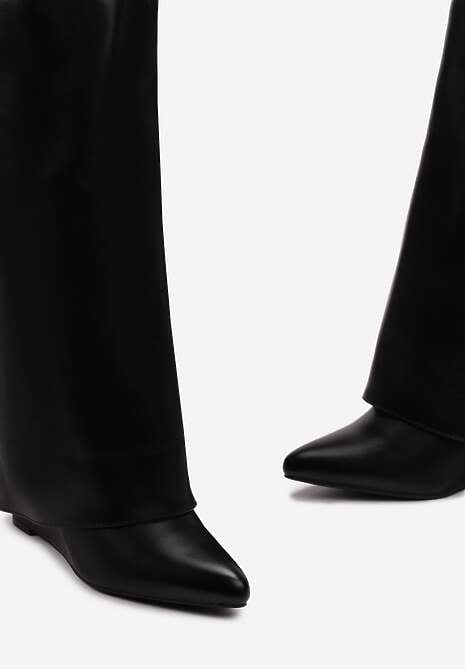 Czarne Wysokie Kozaki z Wywiniętą Cholewką na Koturnie Mistico