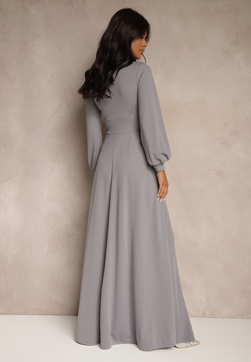 Szara Koktajlowa Sukienka z Ozdobnym Rozcięciem na Nogę Erullia