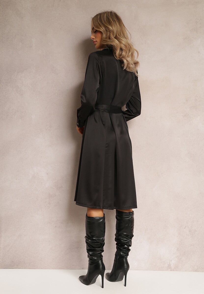 Czarna Sukienka Koszulowa z Wiązanym Paskiem Ezaovy