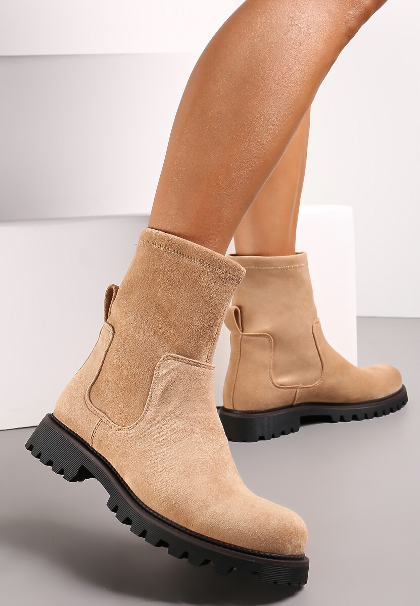 Beżowe Botki za Kostkę z Imitacji Zamszu Silvano