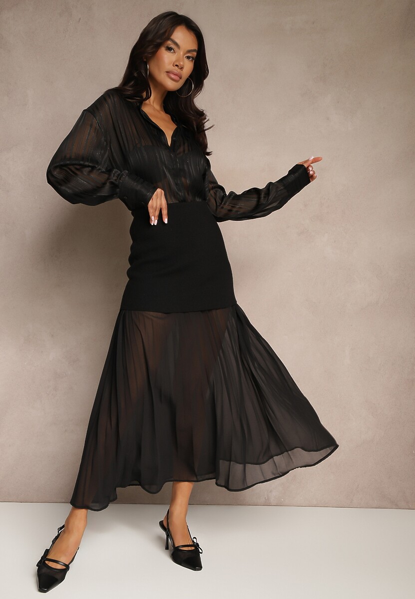 Czarna Plisowana Spódnica Tiulowa z Wiskozy z Podszewką Balione