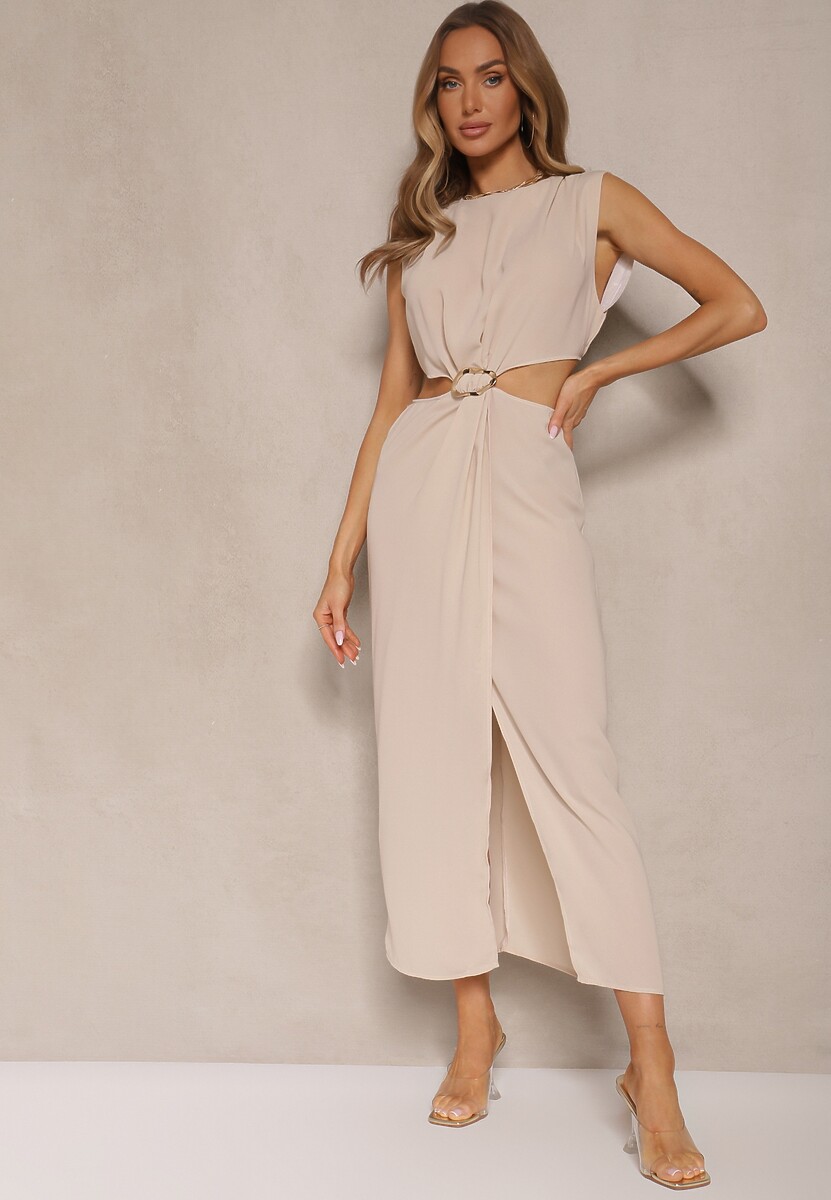 Beżowa Sukienka z Rozkloszowanym Dołem Ozdobiona Wycięciami w Talii i Metalicznym Detalem Galanissa