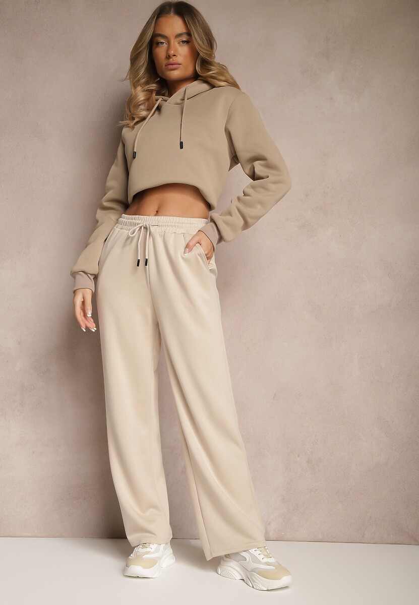 Beżowe Spodnie z Dodatkiem Wiskozy Dresowe High Waist Ellanoria