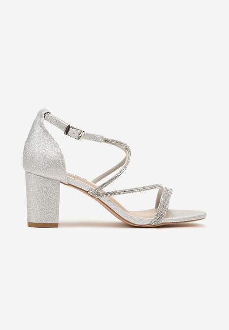 Srebrne Sandały na Słupku z Cyrkoniami i Brokatem Silanelle