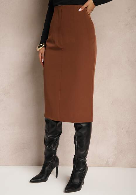 Brązowa Spódnica o Ołówkowym Kroju High Waist z Rozcięciem z Tyłu Liozia