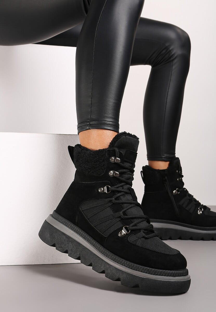 Czarne Futerkowe Traperki na Niskiej Platformie Linivora