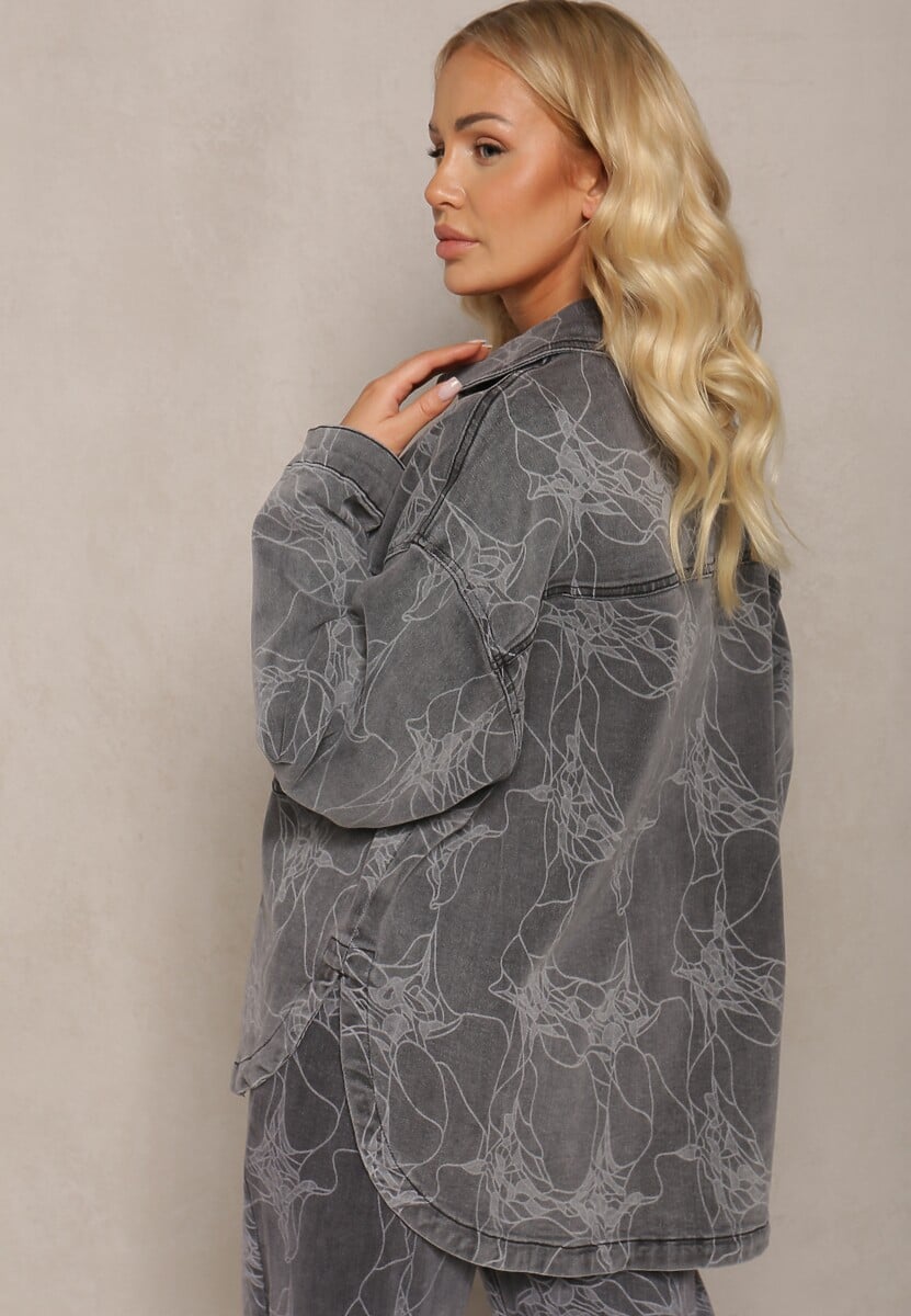 Ciemnoszara Jeansowa Kurtka w Marmurkowy Wzór Neirana