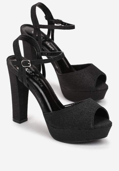 Czarne Brokatowe Sandały Peep Toe na Słupku i Platformie Doyo