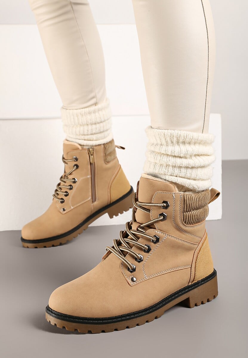 Ciemnobeżowe Sznurowane Casualowe Traperki na Płaskiej Podeszwie Relobia