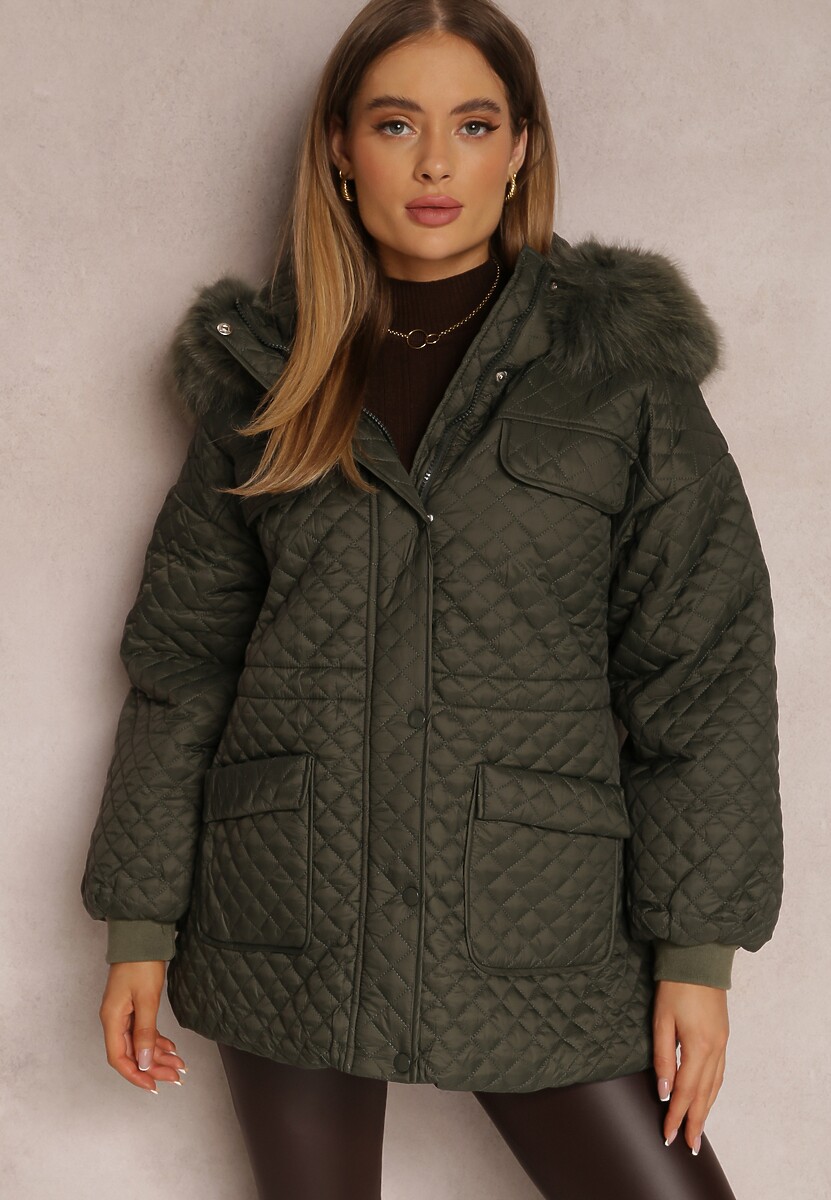 Ciemnozielona Kurtka z Futrzanym Kapturem i Drobnym Pikowaniem Obtashe