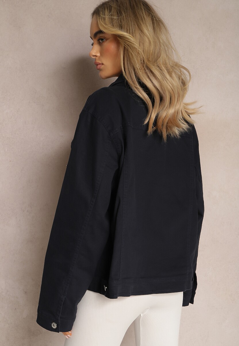 Granatowa Jeansowa Kurtka z Bawełny z Metalicznym Guzikami Urielati