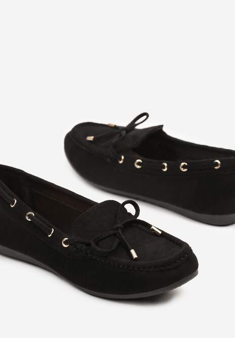 Czarne Mokasyny z Ekozamszu Zdobione Wiązaniem z Kokardą Sonilora