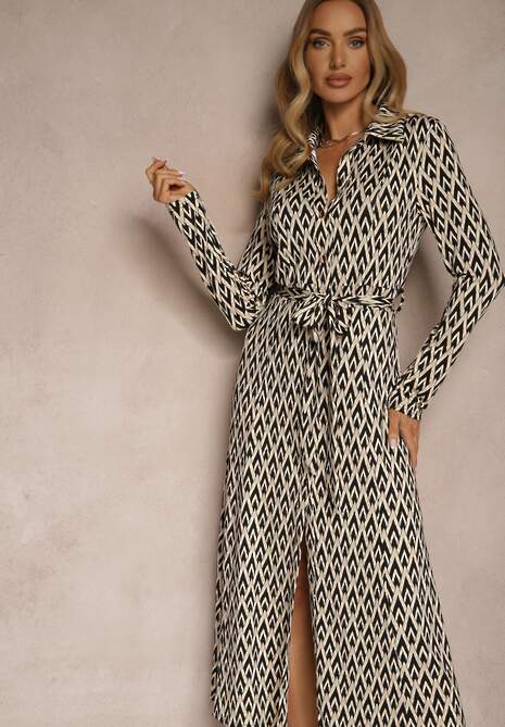 Czarna Koszulowa Sukienka z Wiskozą Geometrycznym Wzorem i Paskiem Milseki