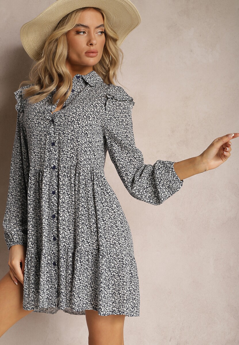 Różowa Mini Sukienka o Rozkloszowanym Kroju w Kwiaty z Falbankami Limrena