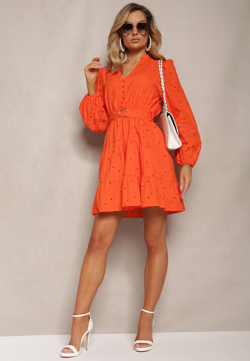 Pomarańczowa Bawełniana Sukienka z Haftem na Guziki z Gumką w Pasie oraz Paskiem Weritte