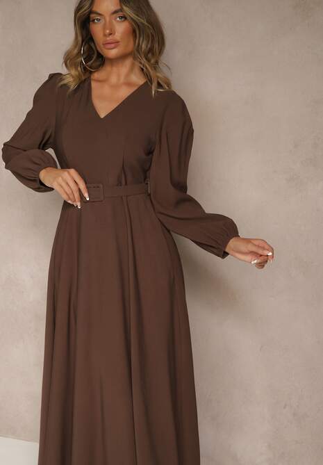 Brązowa Rozkloszowana Sukienka z Wiskozy z Paskiem ze Sprzączką Orille