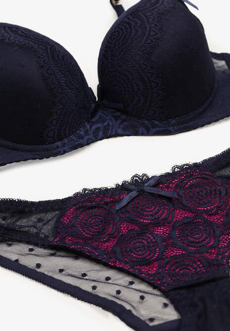 Granatowy Komplet z Koronki Majtki Typu Figi i Biustonosz z Kokardami i Usztywnieniem Arrbelia