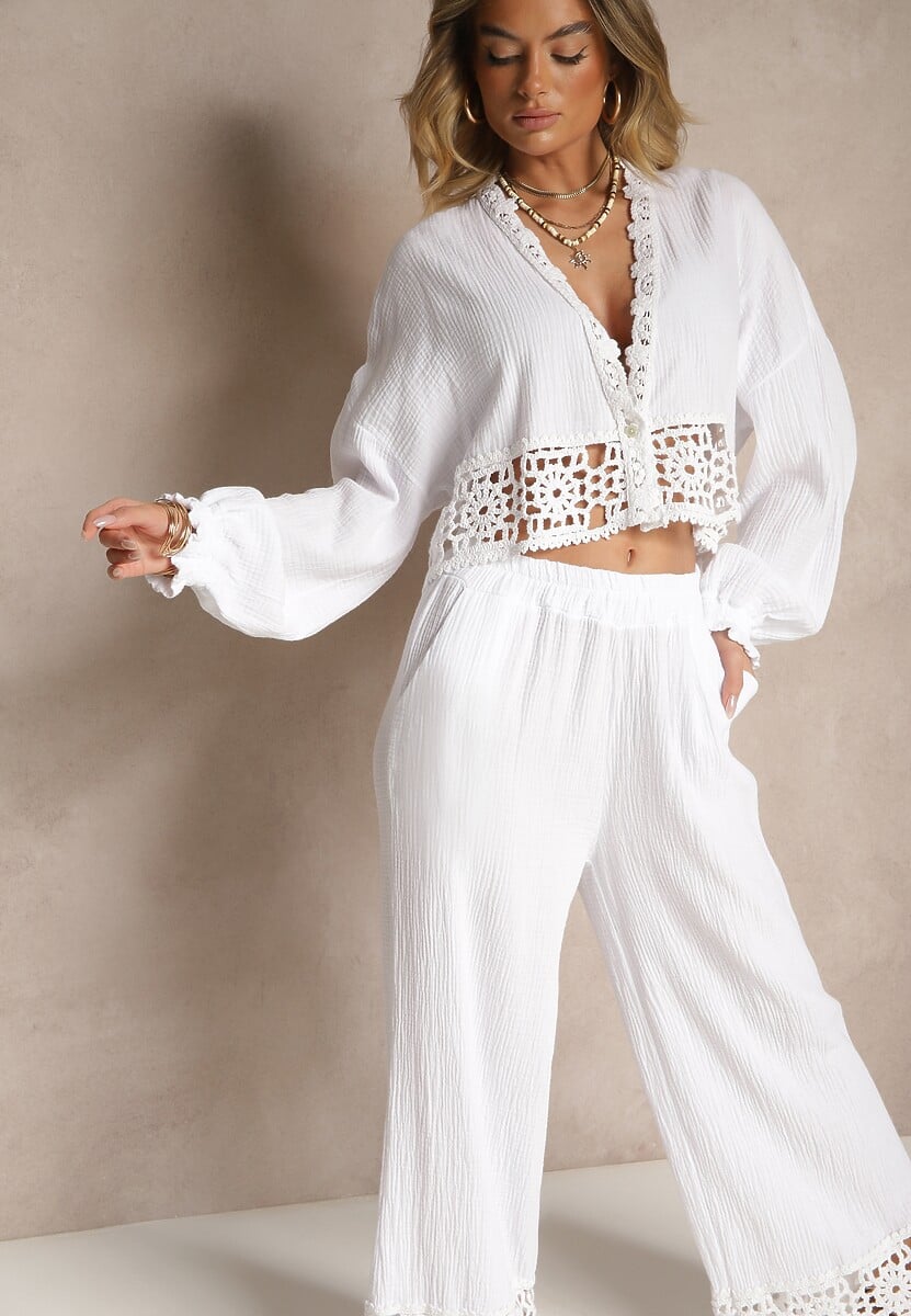 Biały Komplet z Bawełny z Ażurowymi Wstawkami Bluzka i Spodnie Paladorea