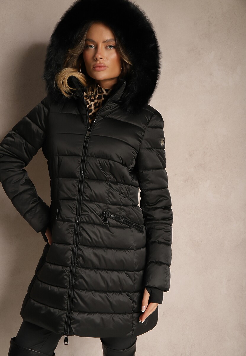 Czarna Kurtka z Odpinanym Kapturem i Futerkiem Pikowana o Dłuższym Fasonie Nadelia