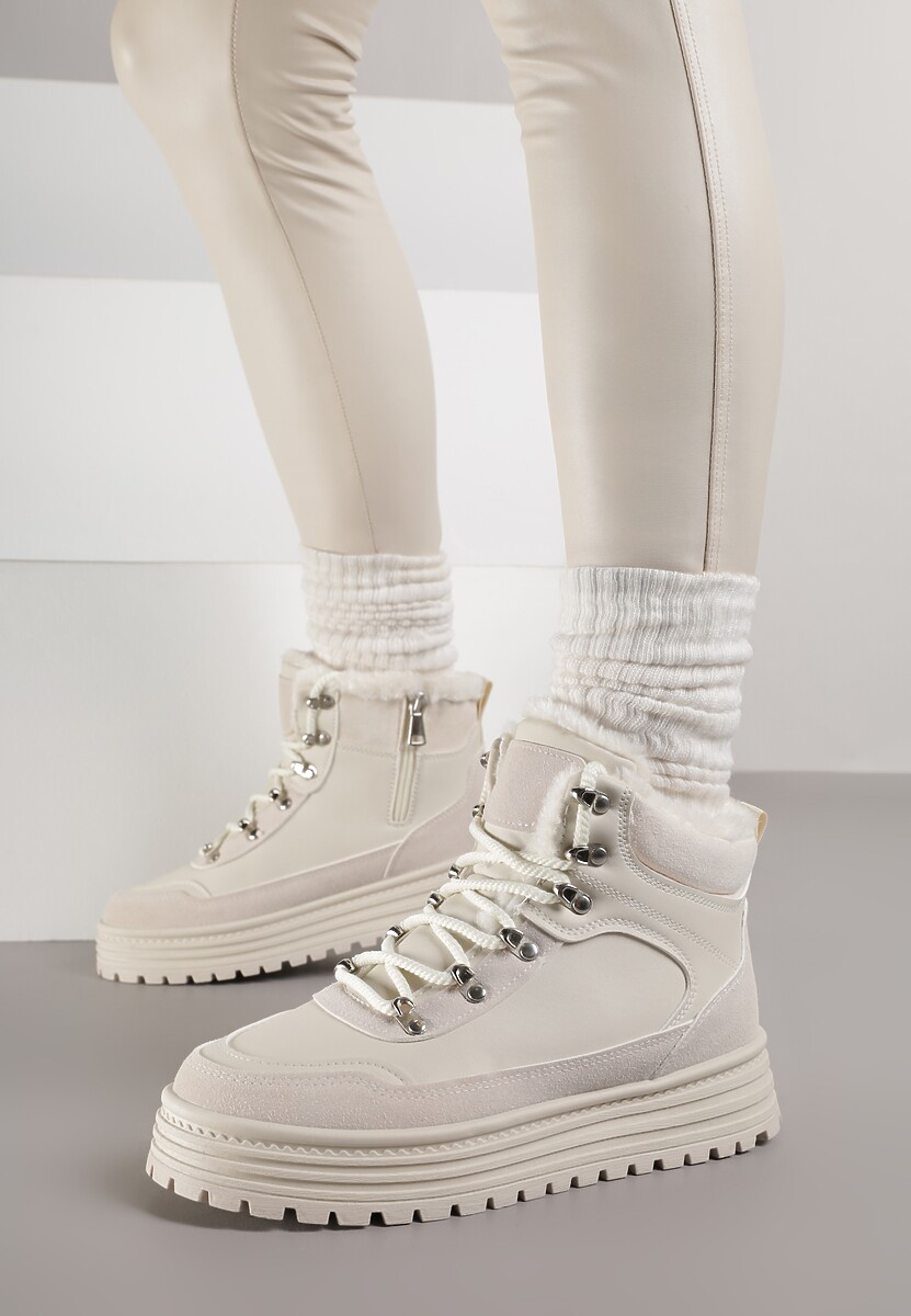 Beżowe Sneakersy w Stylu Traperów na Platformie Ewedora