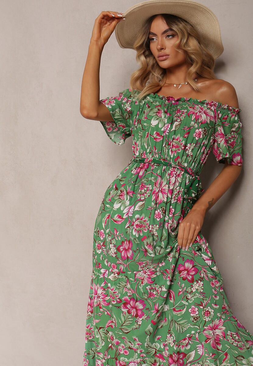 Zielono-Różowa Bawełniana Sukienka Hiszpanka Wiązana w Talii w Kwiatowy Wzór Risarrae