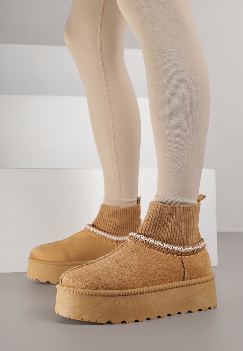 Jasnobrązowe Śniegowce VICES na Platformie ze Skarpetkową Cholewką i Haftem Ebentia