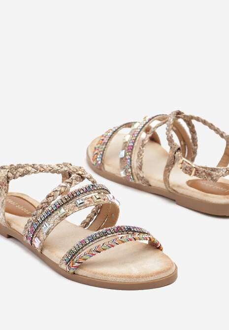 Złote Wężowe Sandały Ozdobione Ćwiekami i Cyrkoniami Pillitte