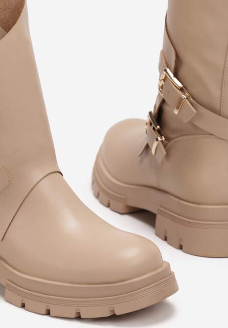 Ciemnobeżowe Botki z Klamerkami na Grubej Podeszwie Tisela