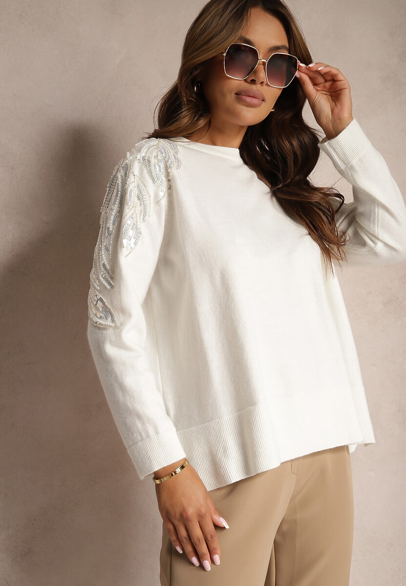 Biały Sweter z Wiskozą i Modalem Ozdobiony Cekinami i Perłami Iveara