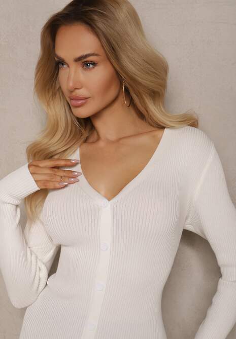 Biała Sukienka z Wiskozą na Guziki o Dopasowanym Kroju Vortilora