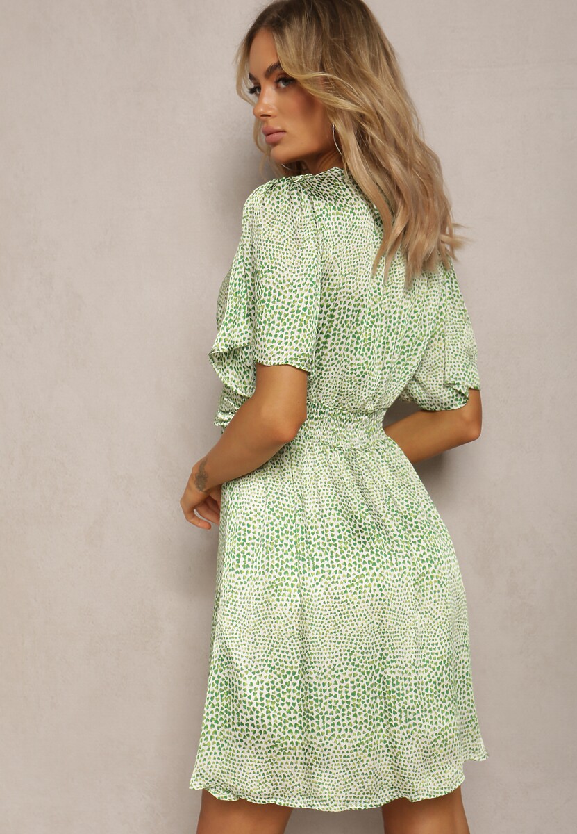 Zielona Mini Sukienka Rozkloszowana z Trójkątnym Dekoltem Tallea
