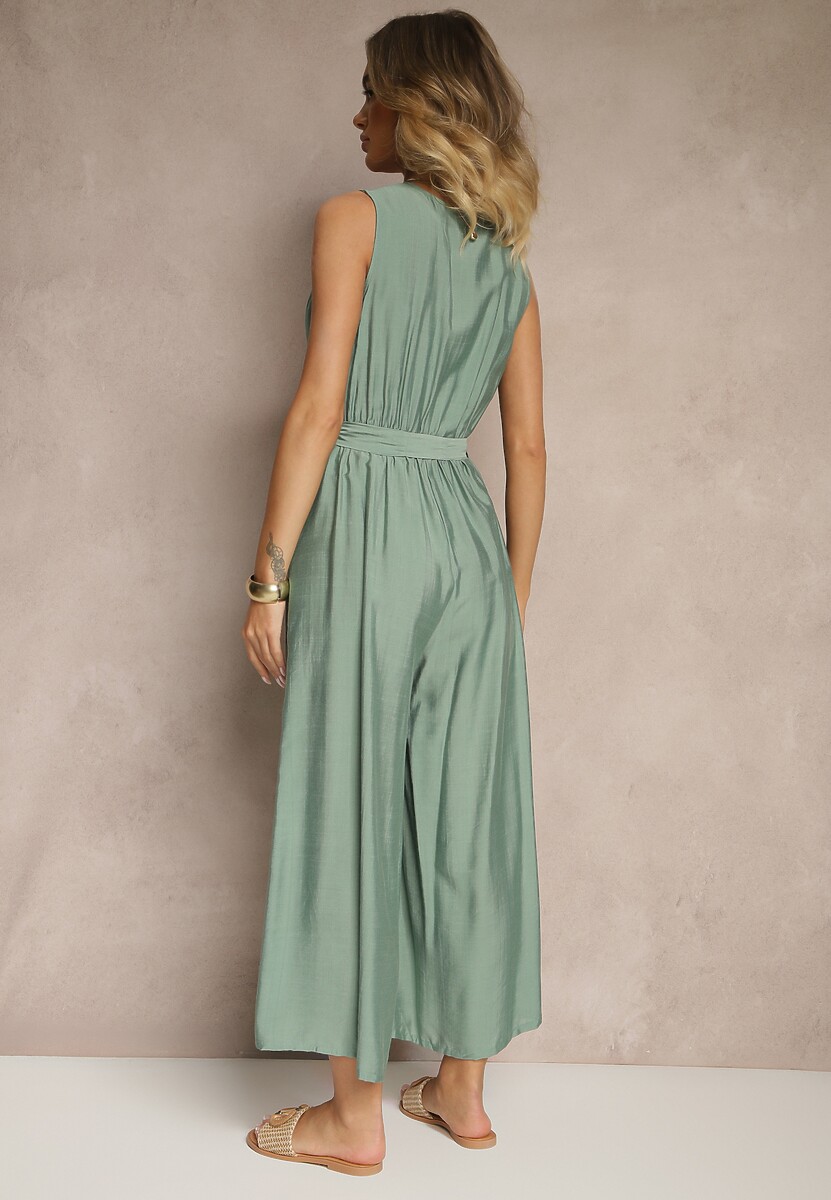 Zielony Kombinezon Taliowany z Wiskozą Ozdobiony Paskiem Evintria