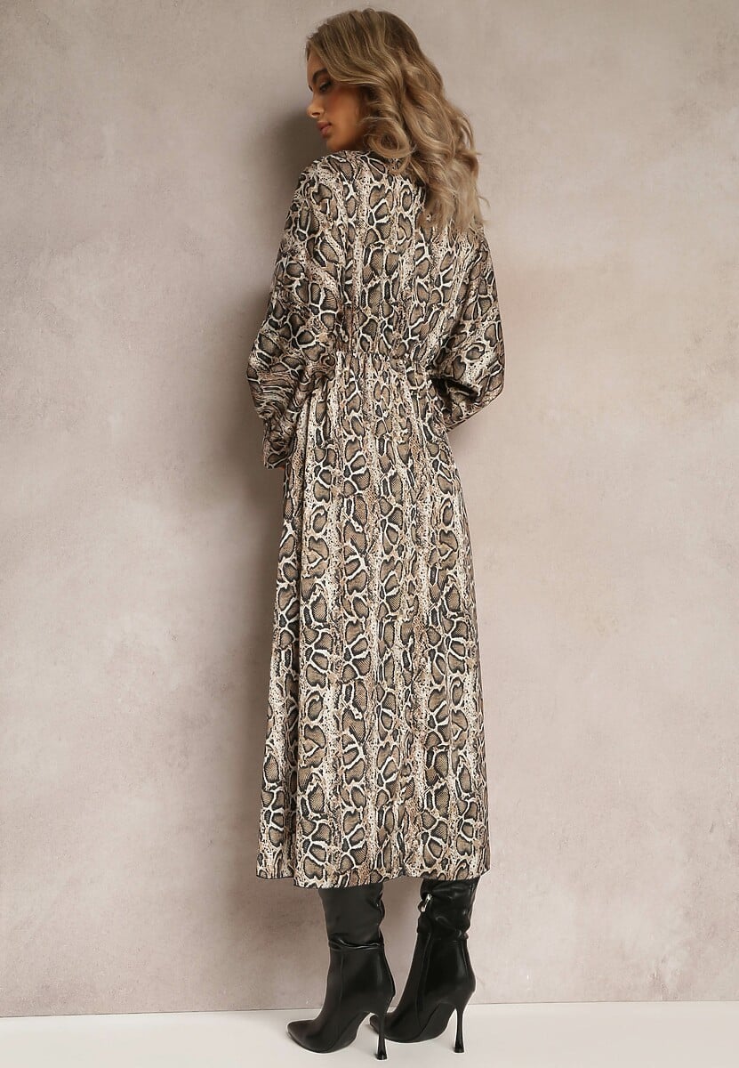 Jasnobeżowa Sukienka w Panterkę z Kopertowym Dekoltem Balme