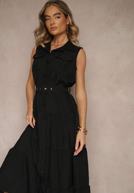 Czarna Sukienka Koszulowa z Ozdobnymi Guzikami i Paskiem Maviosa