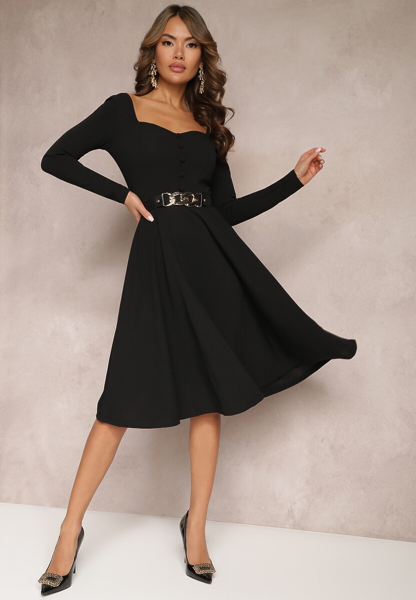 Czarna Rozkloszowana Sukienka Midi z Guzikami i Głębokim Dekoltem Salaria