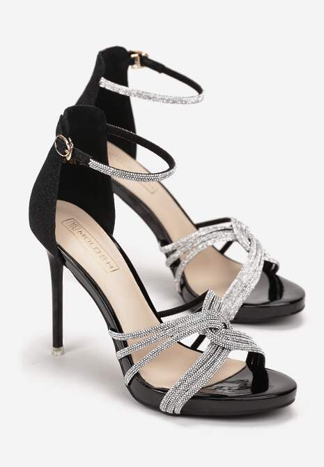 Czarne Sandały z Paskami w Cyrkonie na Słupku Heletasia