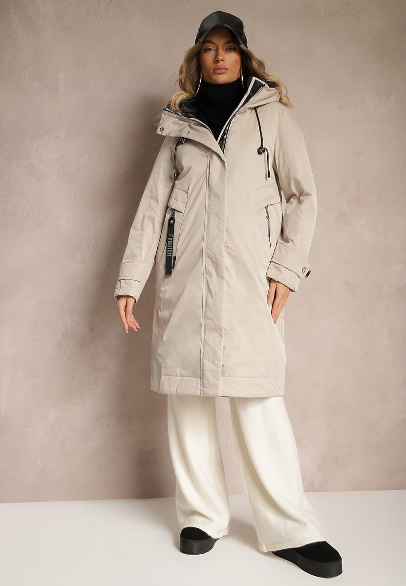 Beżowa Kurtka Parka o Pudełkowym Kroju z Kapturem i Kieszeniami Kaionna