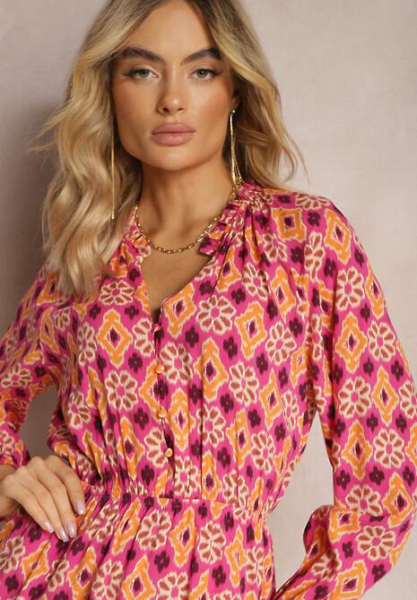 Fuksjowo-Pomarańczowy Kombinezon o Krótkim Fasonie z Gumką w Talii w Mozaikowy Print z Wiskozy Glimmeria