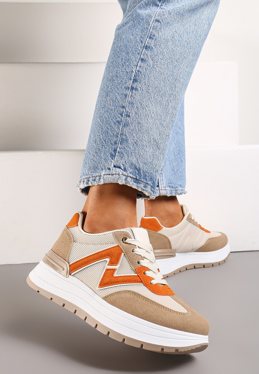 Brązowo-Pomarańczowe Sznurowane Sneakersy na Płaskiej Podeszwie z Metaliczną Wstawką i Brokatem Setraffia