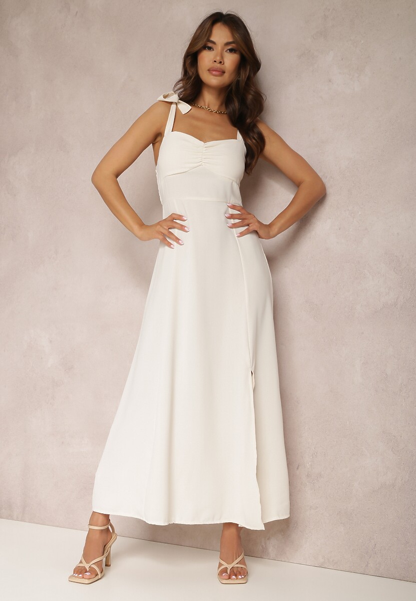 Jasnobeżowa Sukienka Rozkloszowana z Wiązanymi Ramiączkami i Wycięciem Argomeda